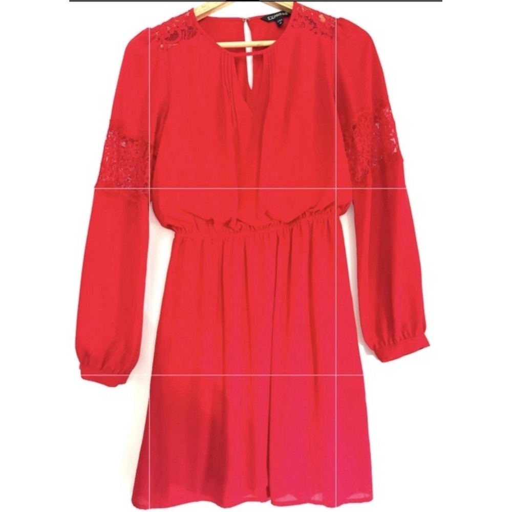 Express Red Lace Fit Flare Dress Womens XS Long Sleeve Pleated